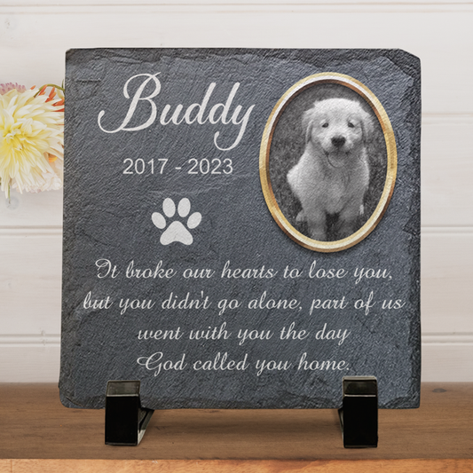 Buddy memorial stone, slate, features a photo of a dog, paw print, and touching quote.