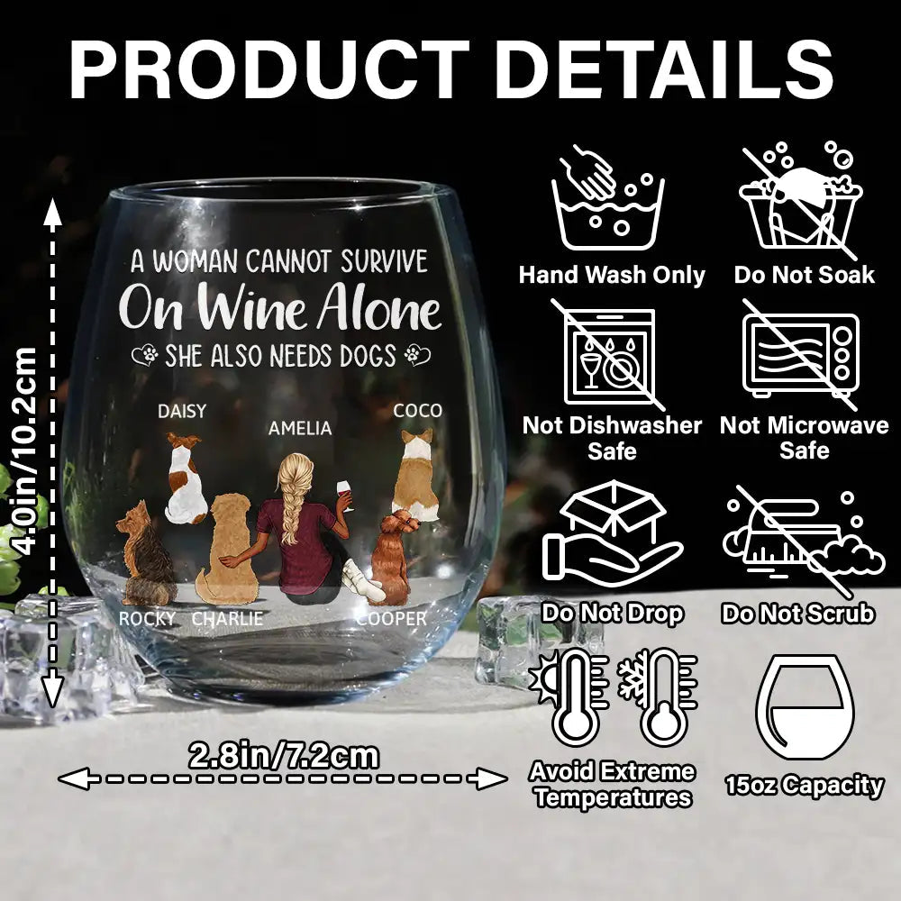 Dog Mom stemless wine glass with quote and dog illustration, 15oz glass for dog lovers.