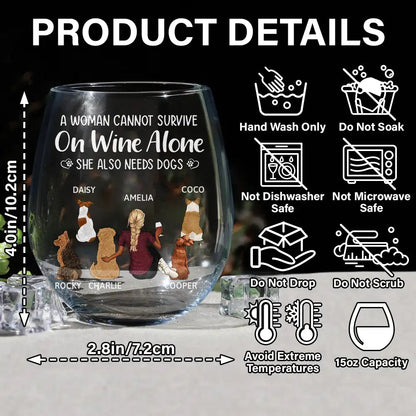 Dog Mom stemless wine glass with quote and dog illustration, 15oz glass for dog lovers.
