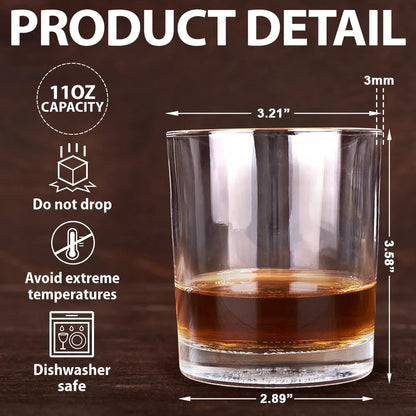 Whiskey glass with dimensions and features detailed, perfect for gifts, showcasing 11oz capacity and dishwasher safe design.