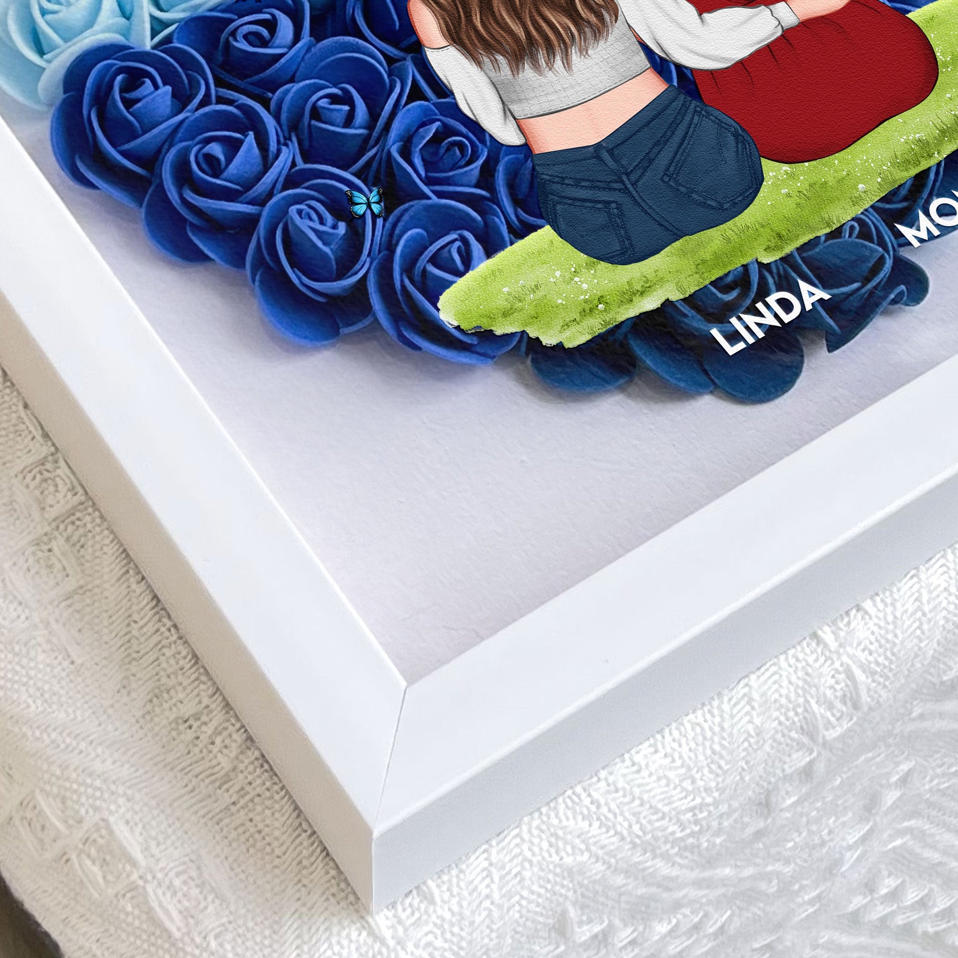 Mother & Daughter shadow box with blue and red flowers, white frame, unique gift