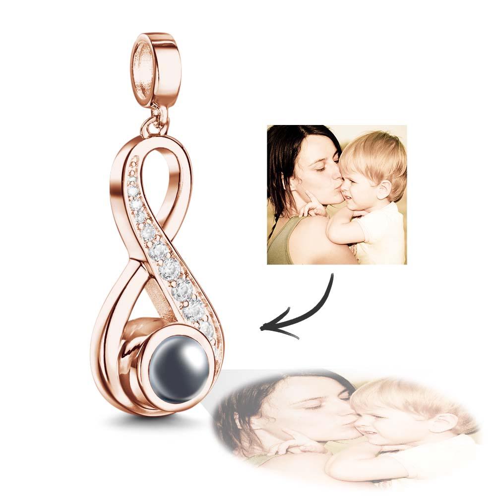 Rose gold Custom Photo Projection Charm Infinite Love Pendant displaying a cherished photo, a meaningful gift.
