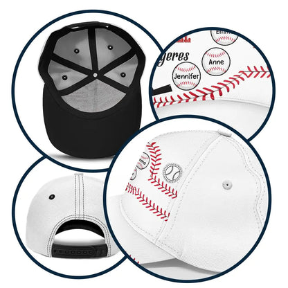 Personalized 'My Favorite Baseball Players' Cap. White, red stitching, polyester-cotton, adjustable. Gift for dad.