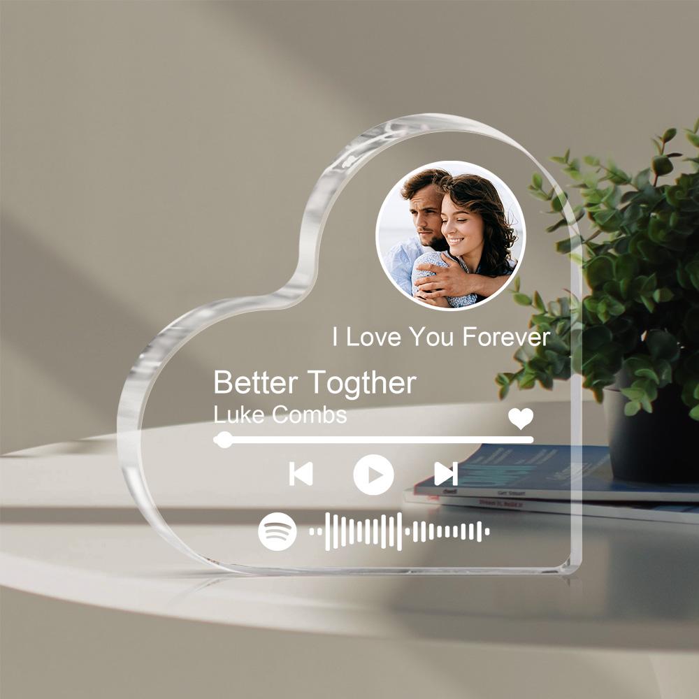 Heart-shaped acrylic Spotify photo frame gift with couple photo and song title