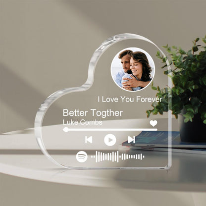 Heart-shaped acrylic Spotify photo frame gift with couple photo and song title