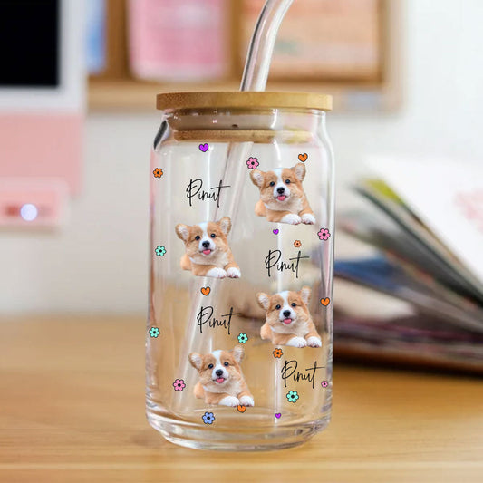 Personalized frosted glass bottle with "Dog Mom Vibes" and cutie puppy design, bamboo lid and straw.